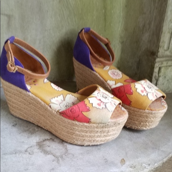 TORY BURCH sz 8 RARE platform floral print ankle strap platforms opentoe sandals - Picture 2 of 11